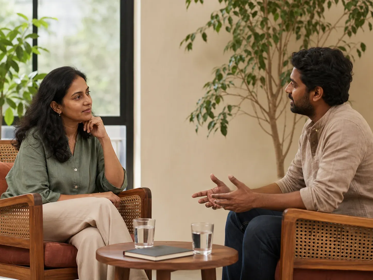 A counsellor listening attentively to a client in a calm, plant-filled room