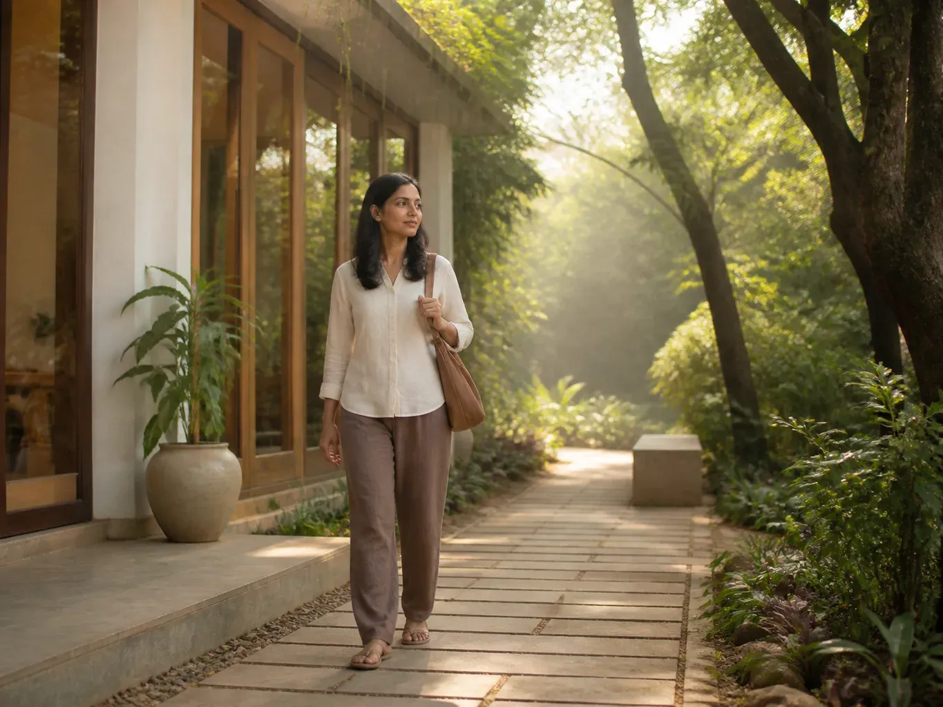 An Indian woman walking reflectively along a leafy garden path