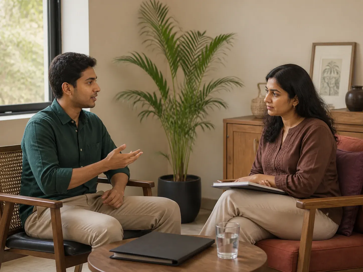 A young man talking with a counsellor seated opposite him