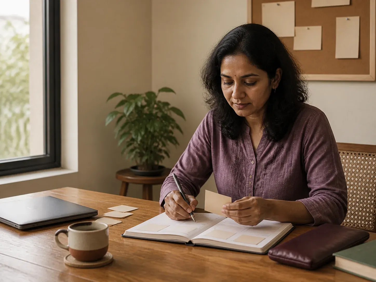 A woman writing in a notebook at a table beside a closed laptop