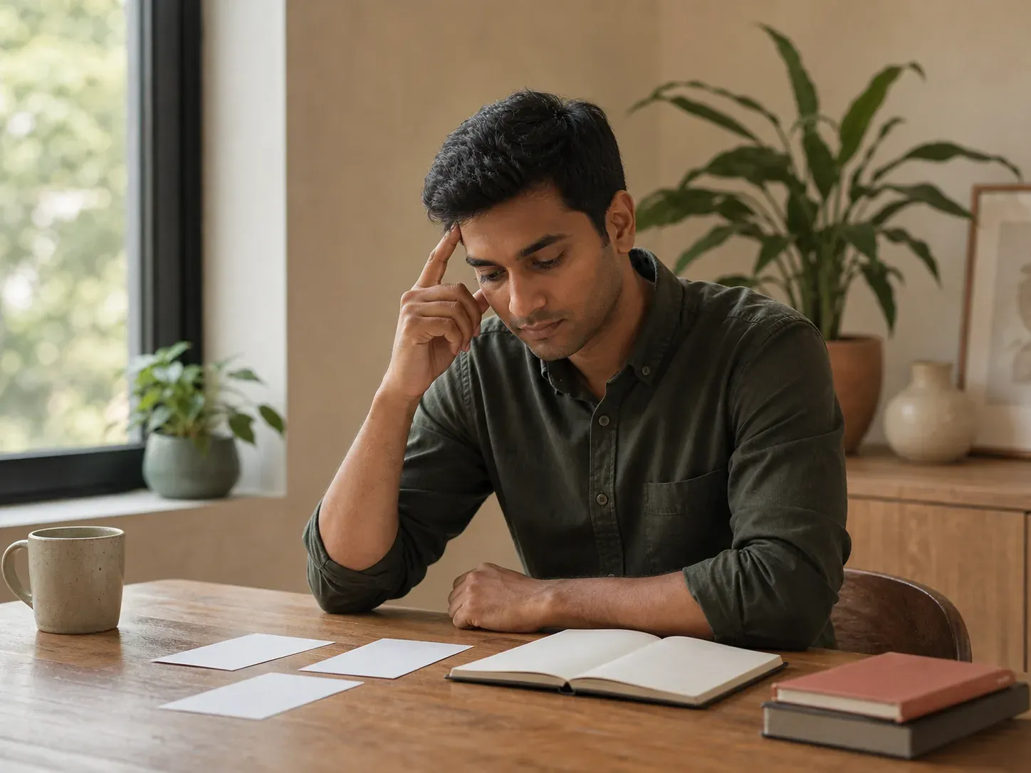 A young man looking down at an open notebook with his hand resting against his forehead