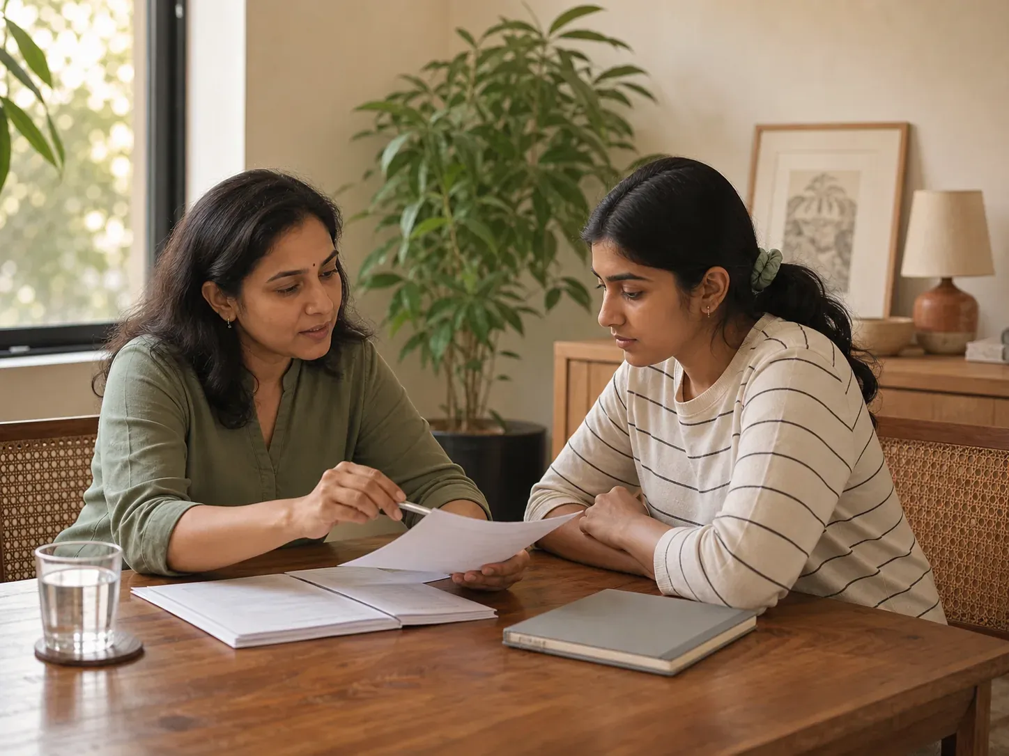 A counsellor and a young woman talking together at a table with notebooks