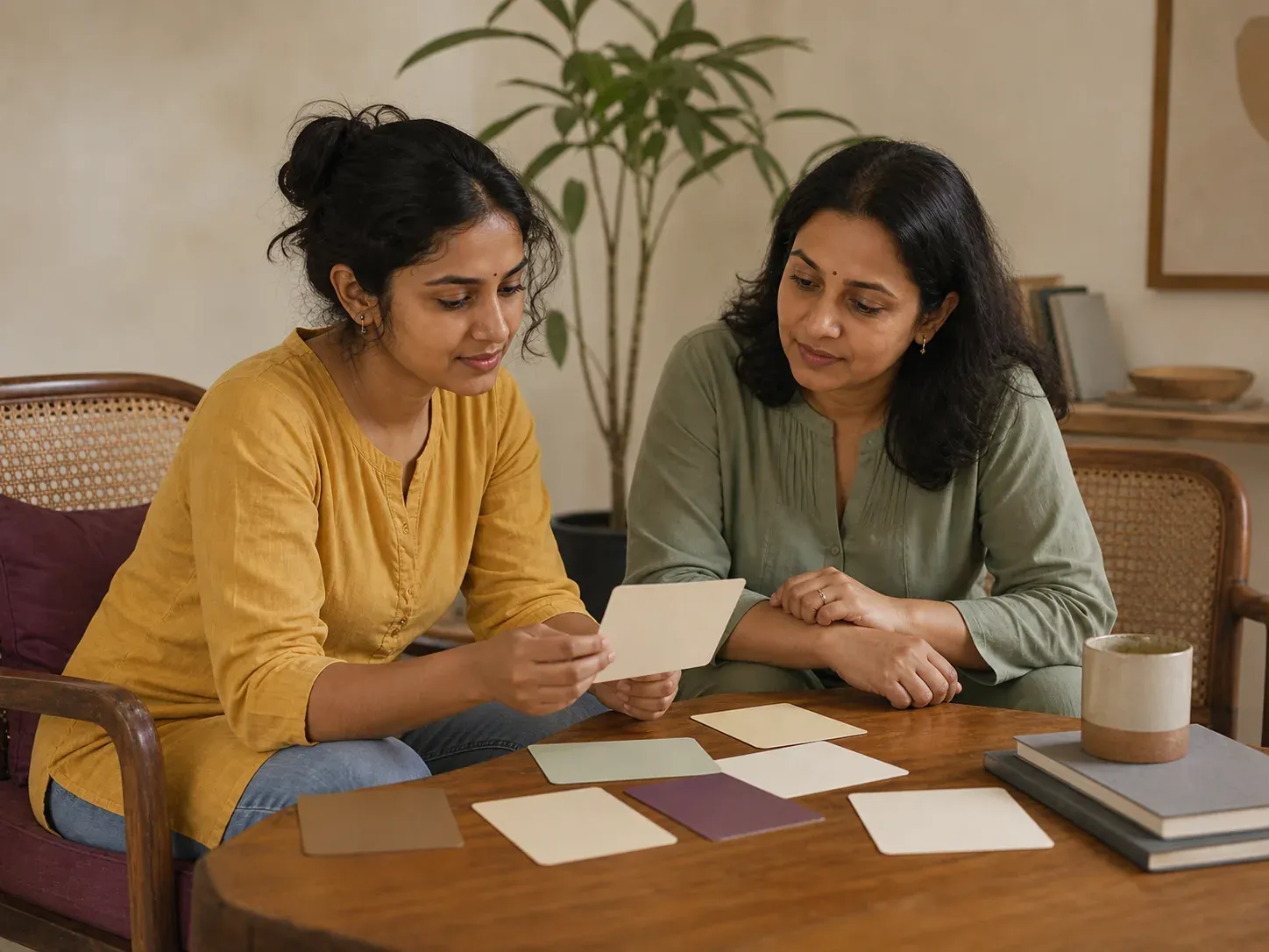 A young woman and a counsellor looking at reflection cards together