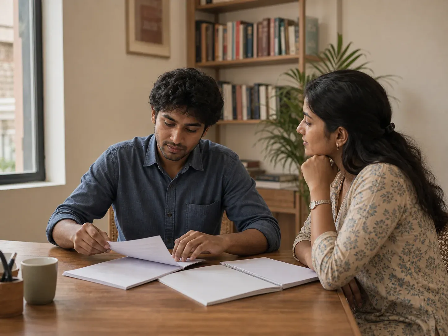 A young man looking through papers while a counsellor listens beside him