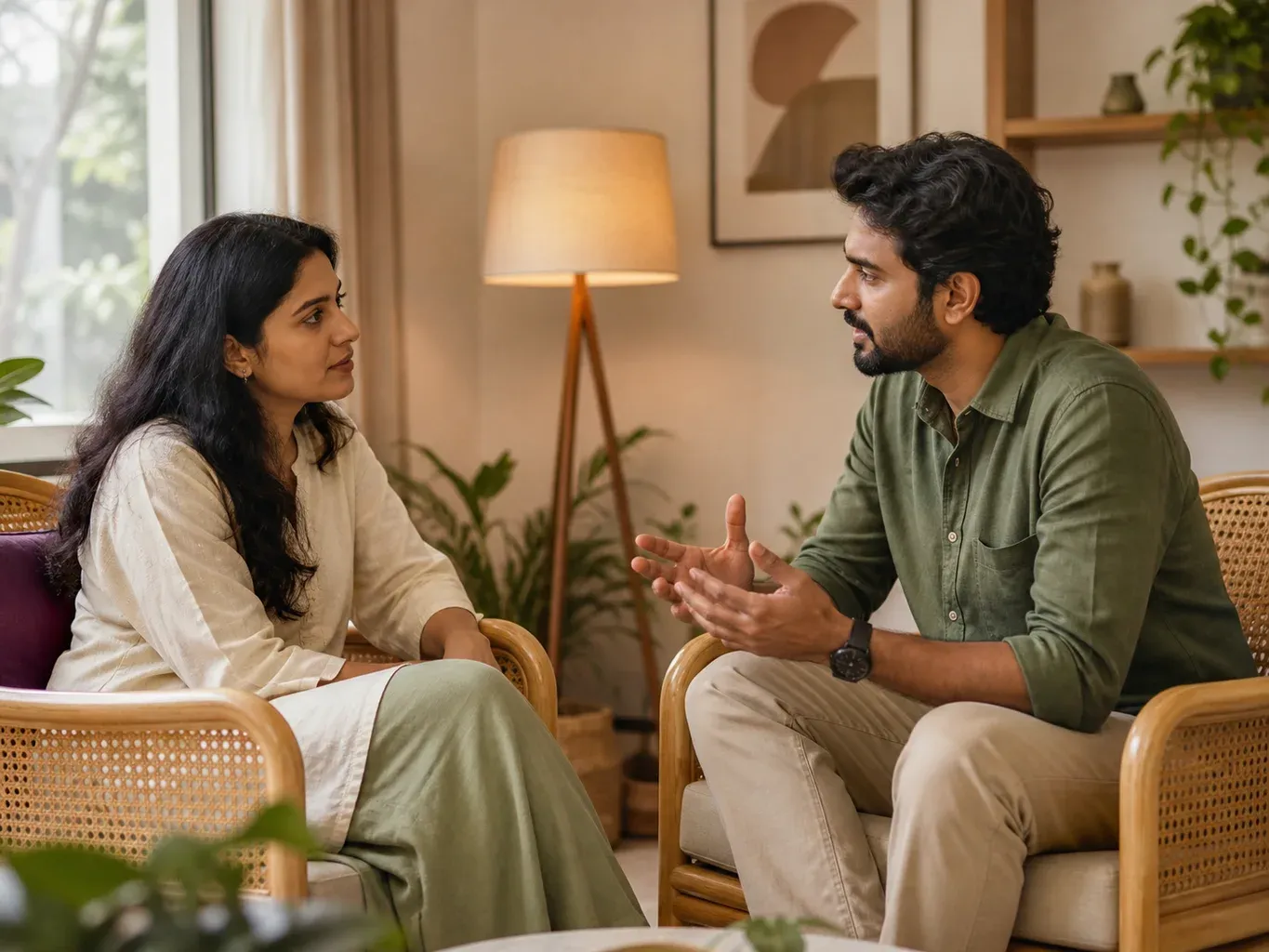 An Indian couple listening to one another in a calm counselling room