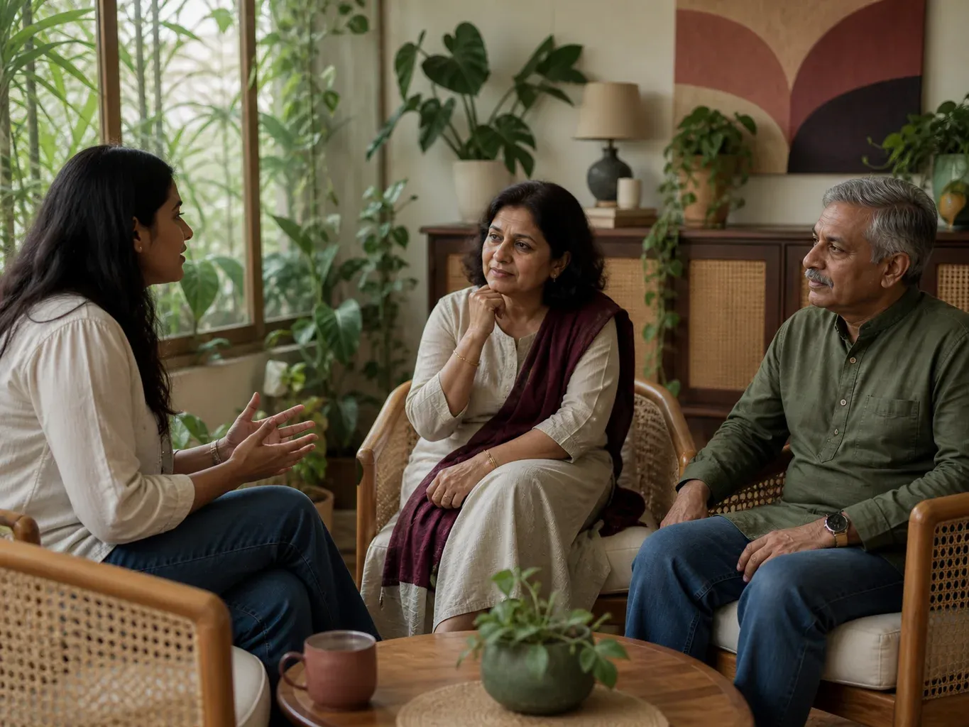 An Indian family sharing perspectives during a supported conversation