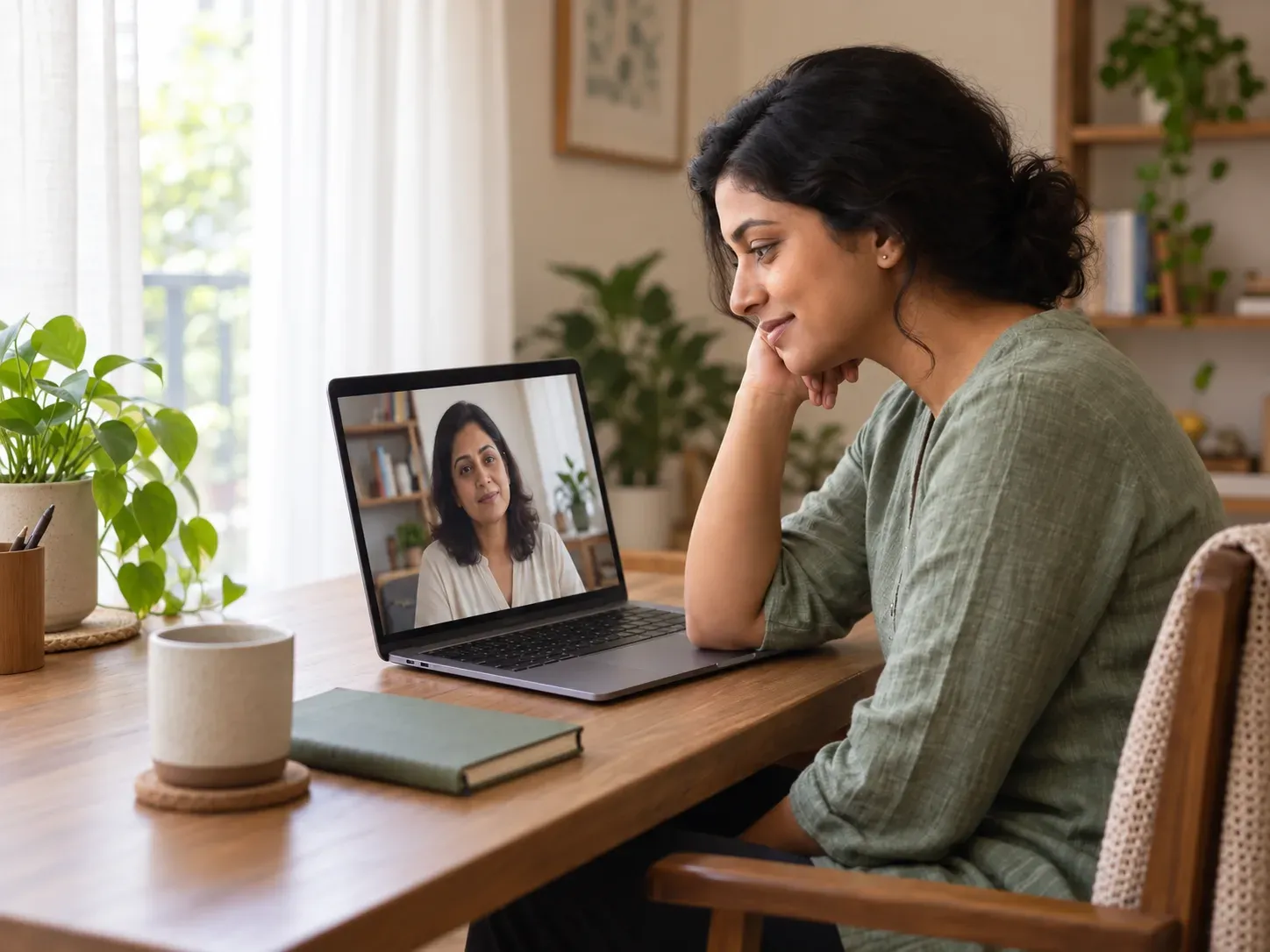 An Indian woman speaking with a counsellor by video call from her home