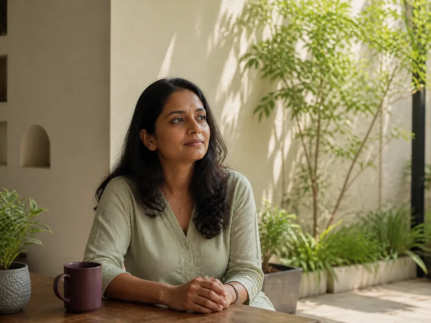 A woman pausing thoughtfully in a leafy courtyard