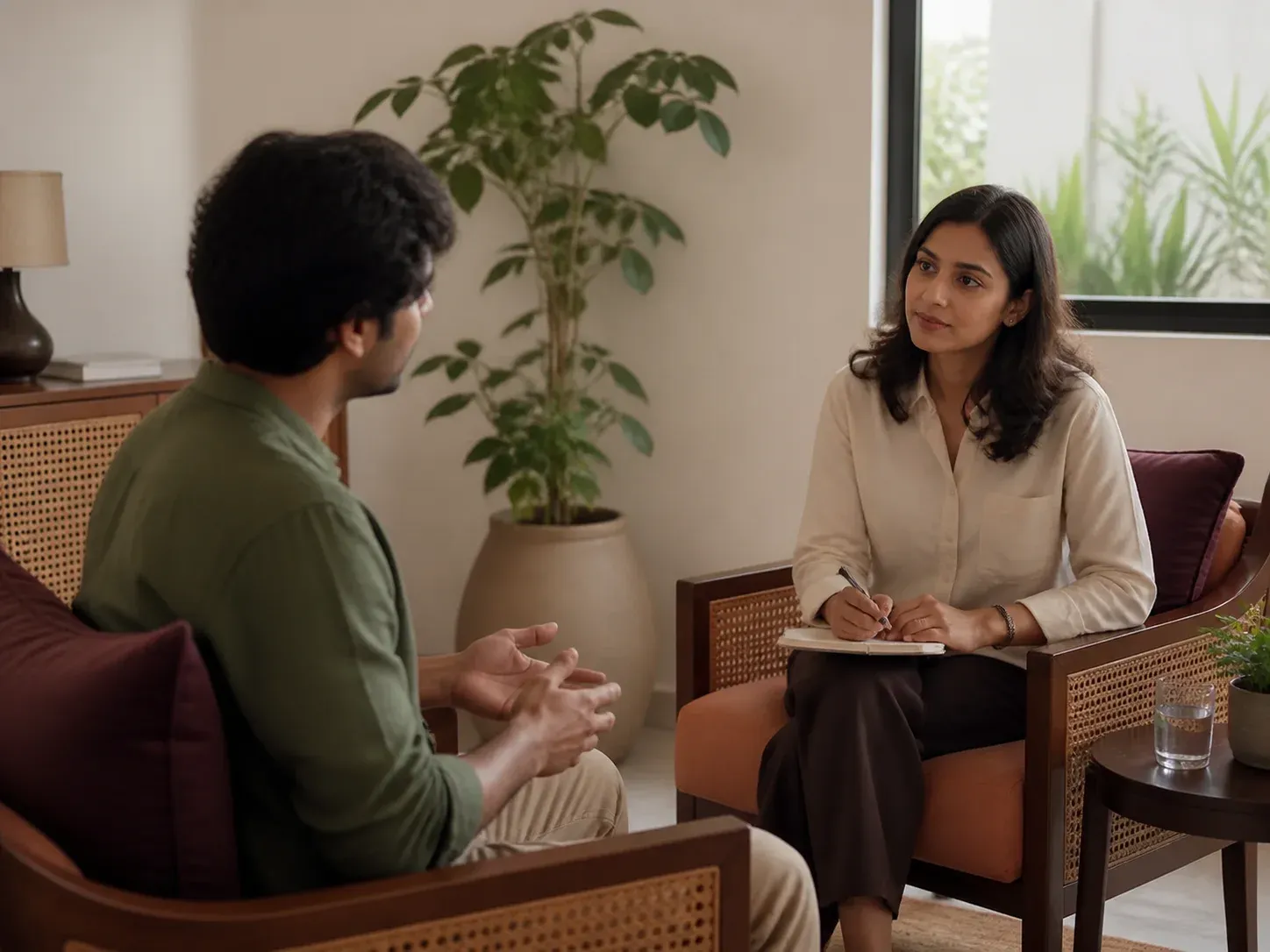 A counsellor listening to a client in a calm, plant-filled consultation room