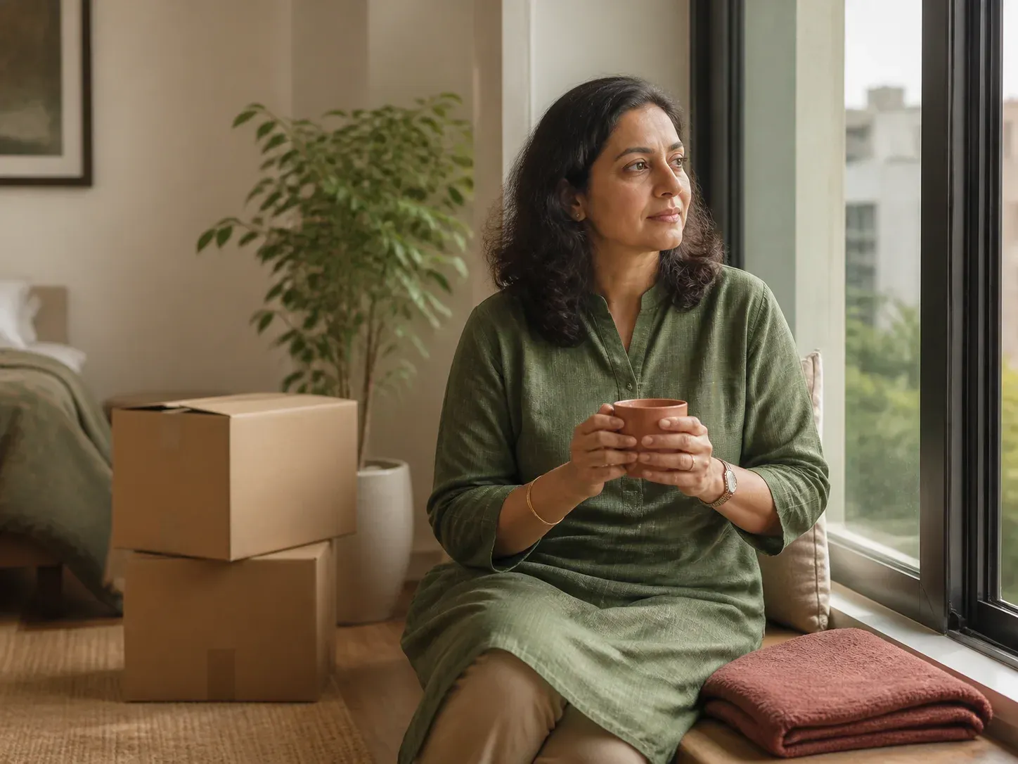 An Indian woman sitting by a window with moving boxes during a life transition