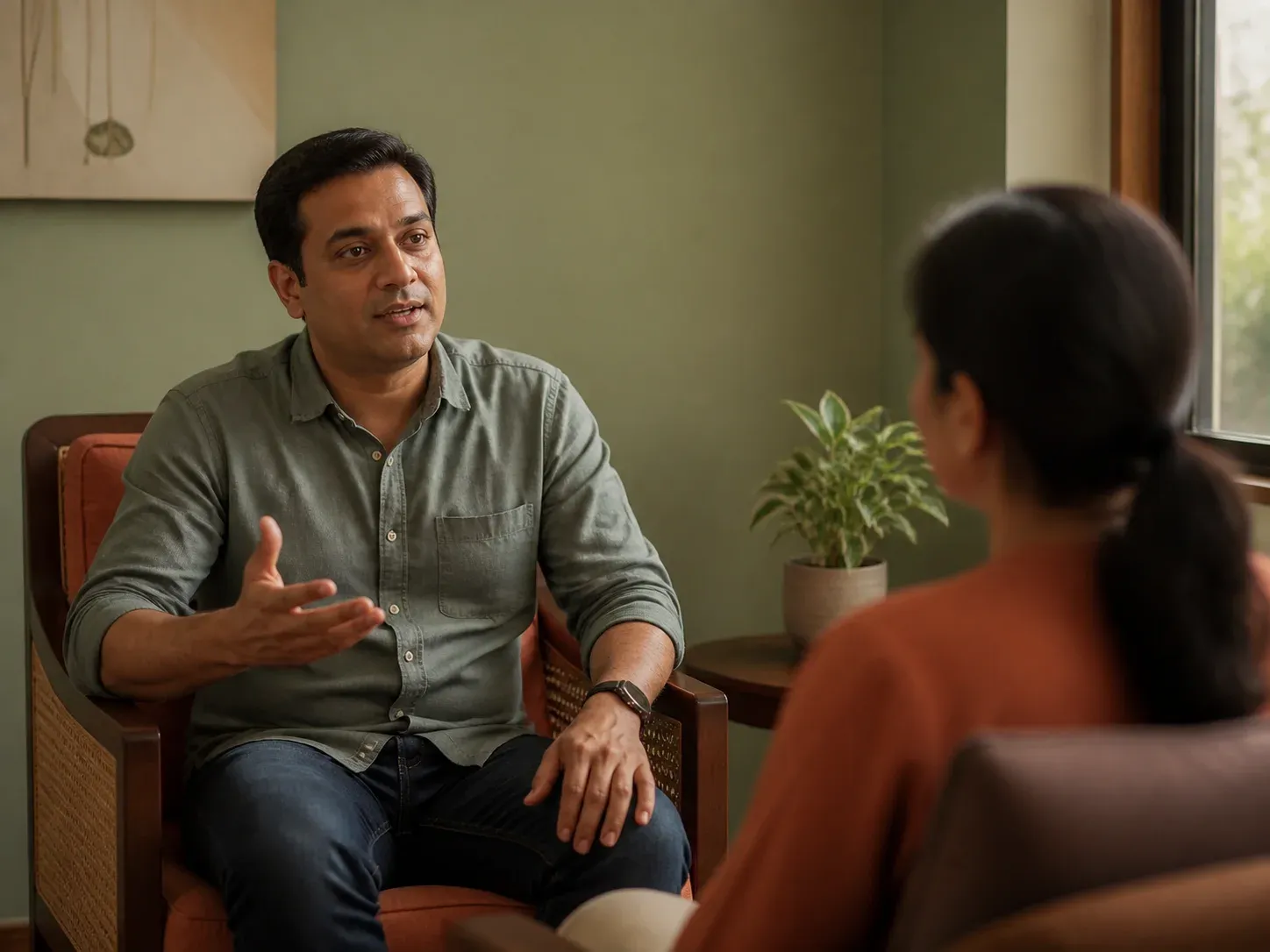 An Indian man practising clear self-expression during a counselling session