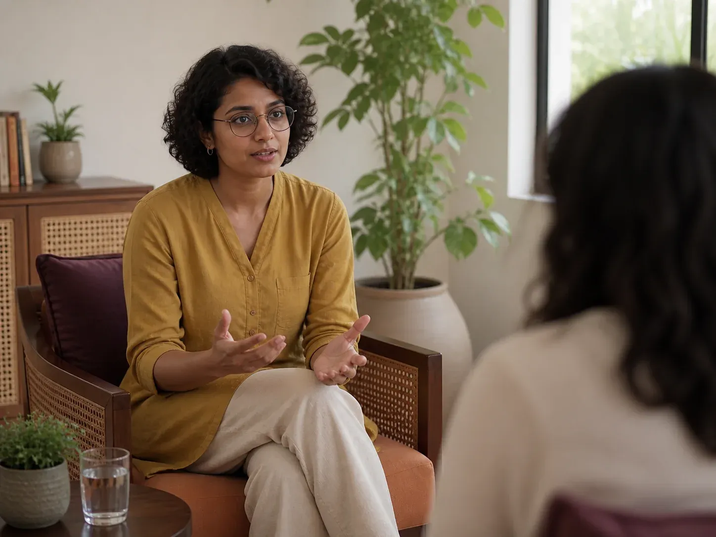 A woman reflecting during a supportive counselling conversation