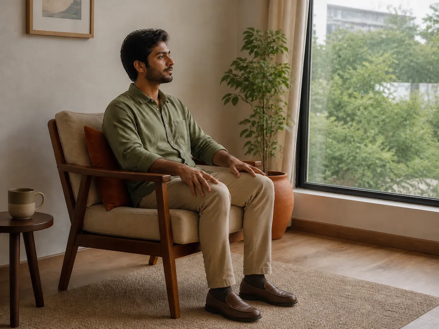 A man taking a quiet pause beside a sunlit window