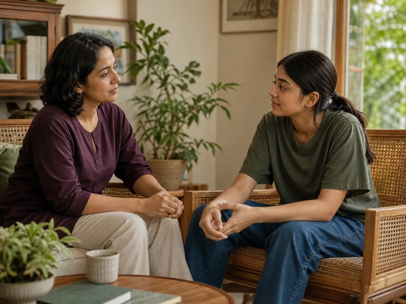 An Indian parent and teenager having a thoughtful conversation