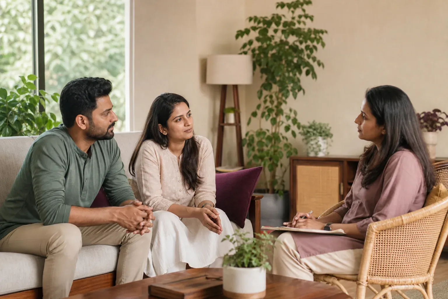 A counsellor speaking with a couple in a welcoming consultation room
